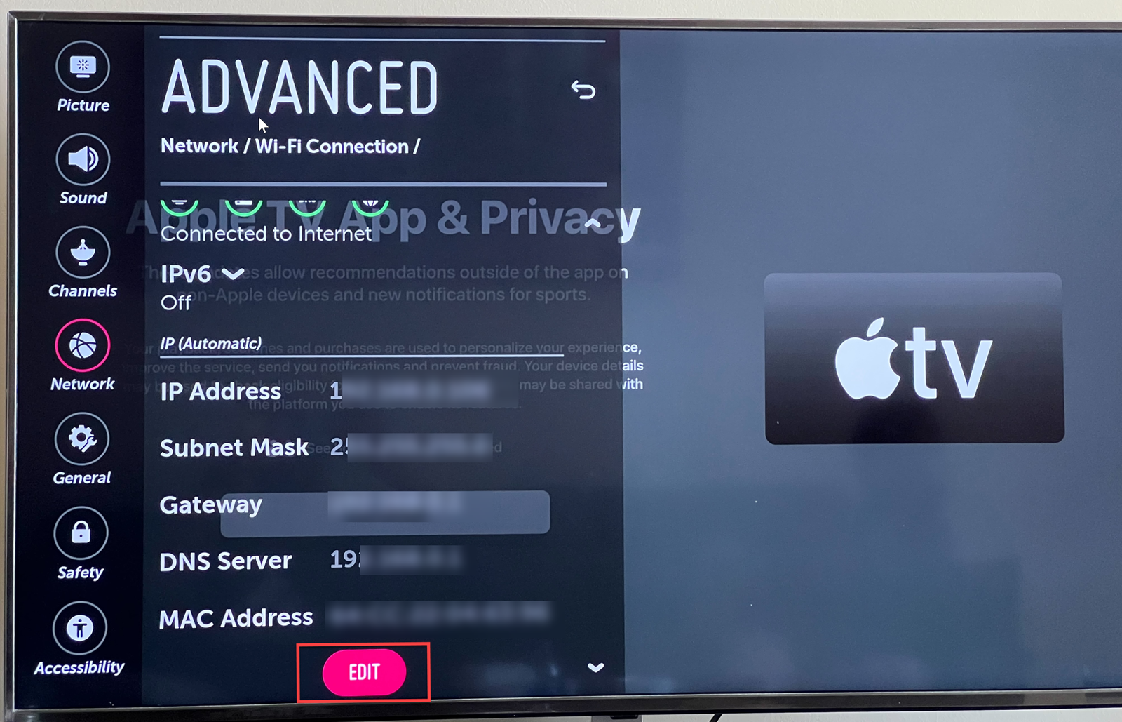 Edit on Advance WIFI settings on LG TV