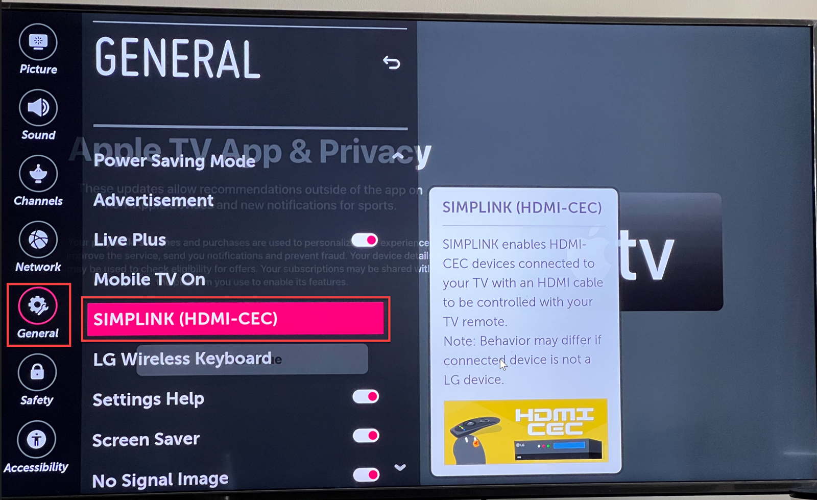 How to access SIMPLINK HDMI-CEC on LG TV