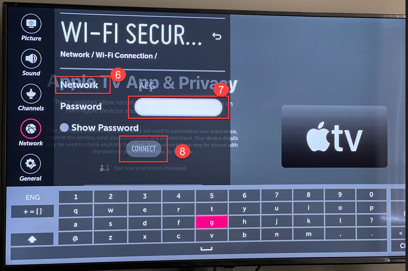 Add WIFI password and connect on LG TV screen