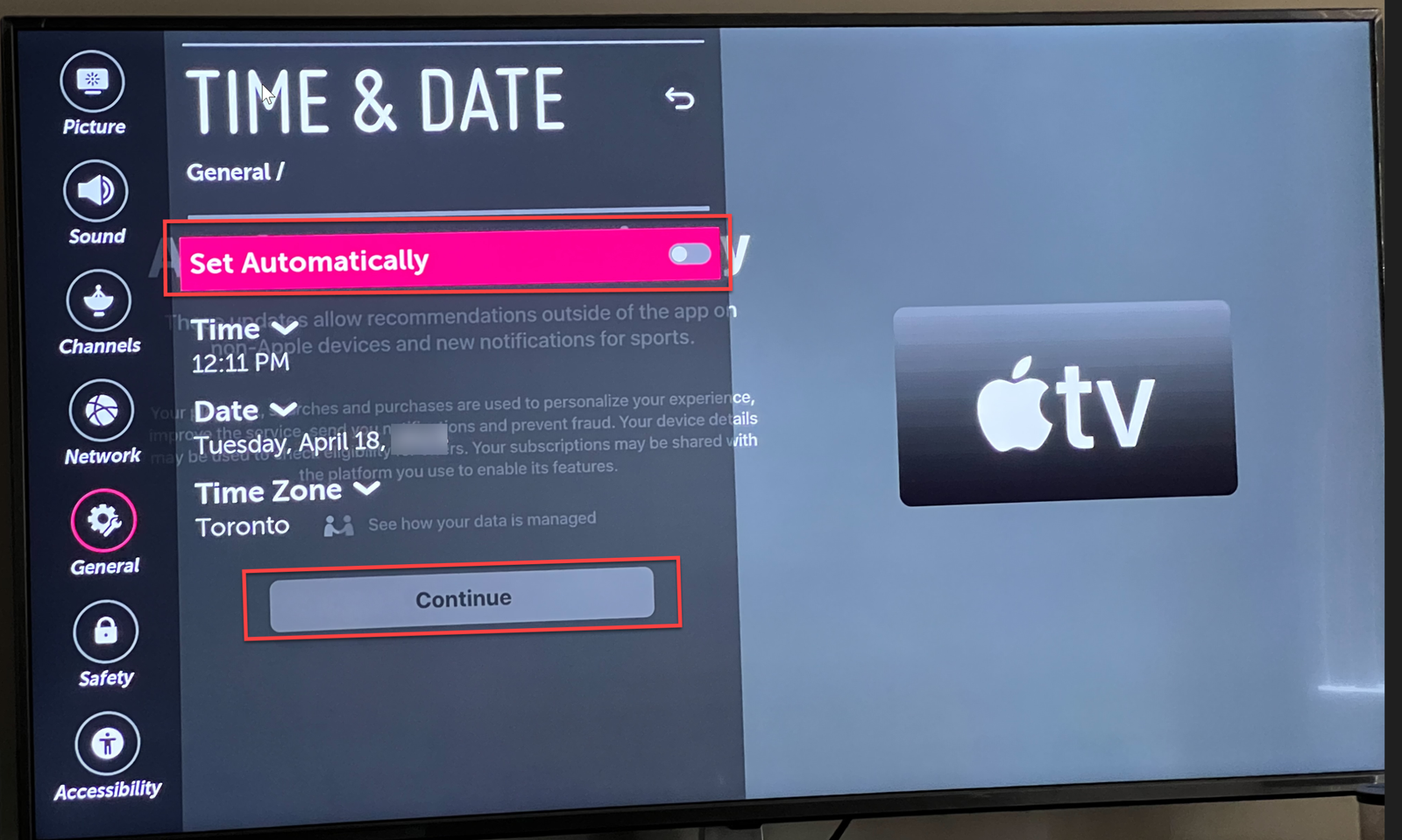 Set date and time manually on LG TV