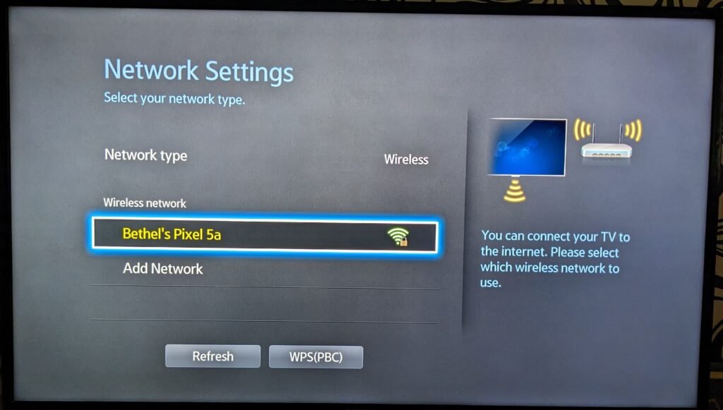 Network connection on Samsung smart TV 