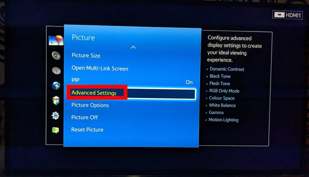 Advanced settings on Samsung smart TV 